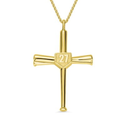 Engraved Double Side Baseball Cross Necklace Brass