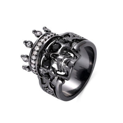 Engraved Skeleton King Ring with Birthstone in Black