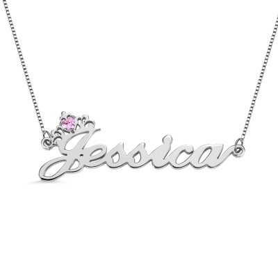 Custom Crown Name Silver Necklace with Birthstone 