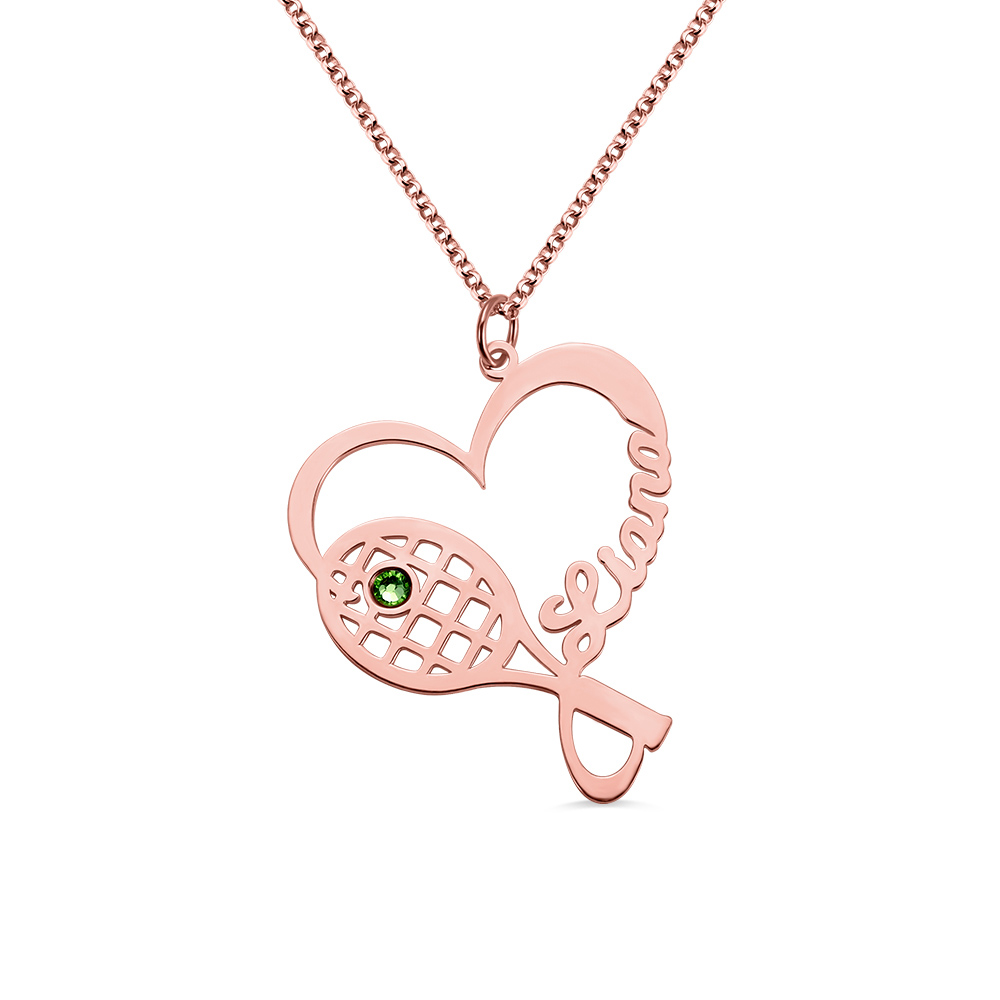 Personalized Racket Name Necklace with Birthstone in Rose Gold