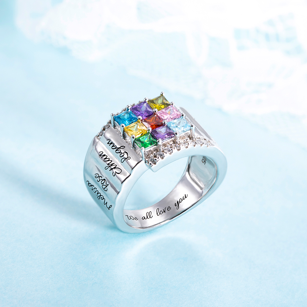 Customized One to Nine Square Birthstones Silver Engraved Ring
