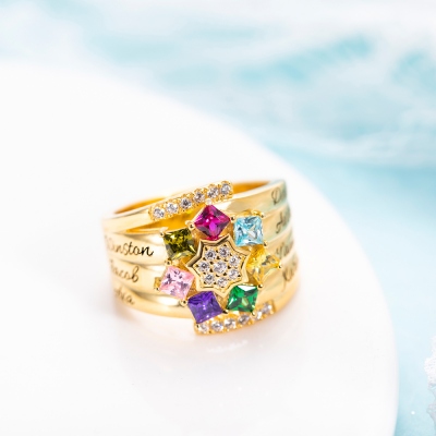 Personalized 1-9 Square Birthstone Ring with Engraving in Gold