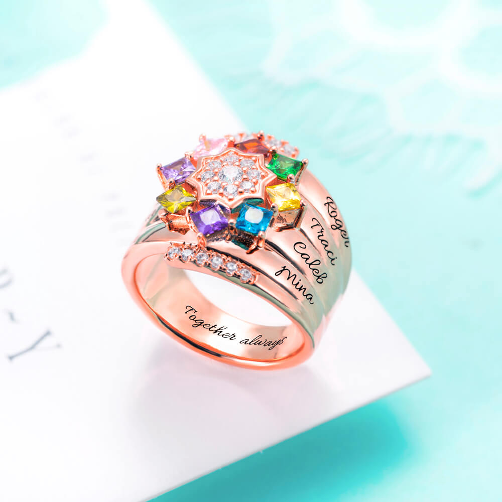 Personalized 1-9 Square Birthstone Ring with Engraving in Rose Gold