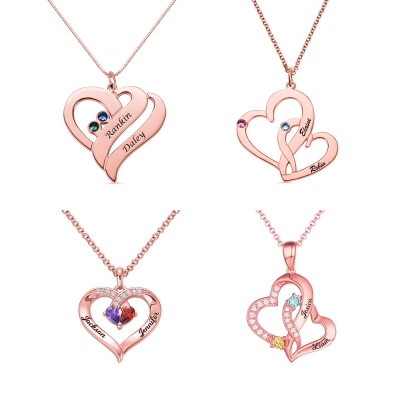 Customized Exquisite Double Heart Birthstone Necklace