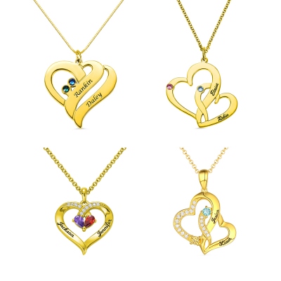 Customized Exquisite Double Heart Birthstone Necklace