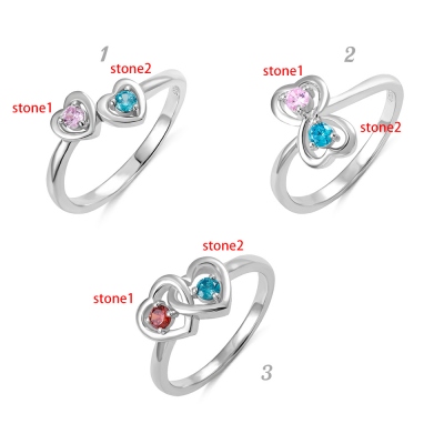 Personalized Double Heart Birthstone Promise Ring for Love in Silver