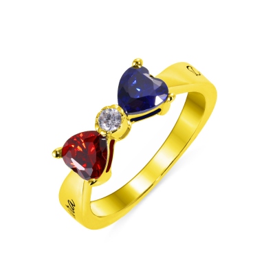 Custom Heart Birthstone Bow 2 Names Ring Gold Plated