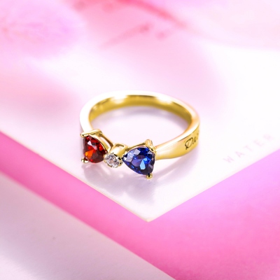 Custom Heart Birthstone Bow 2 Names Ring Gold Plated