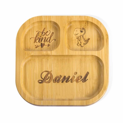 Personalized Engraved Square Bamboo Children's Plate with Suction
