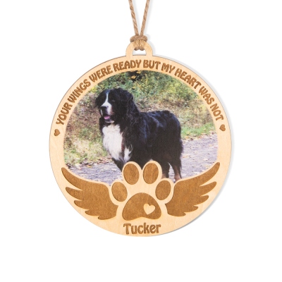 Custom Pet Memorial Ornament with Photo and Name, Wooden Remembrance Paw Print Angel Wings Pet Portrait Ornament, Pet Loss Sympathy Gift for Pet Lover