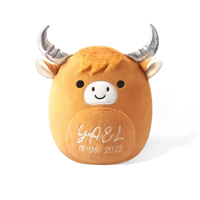 Personalized Name Highland Cow Plush Toy, Cute Soft Highland Cow, Stuffed Animal Pillow, Kawaii Brown Fluffy Cow, Plushie for Kids, Girls, Boys, Birthday, Valentines Day