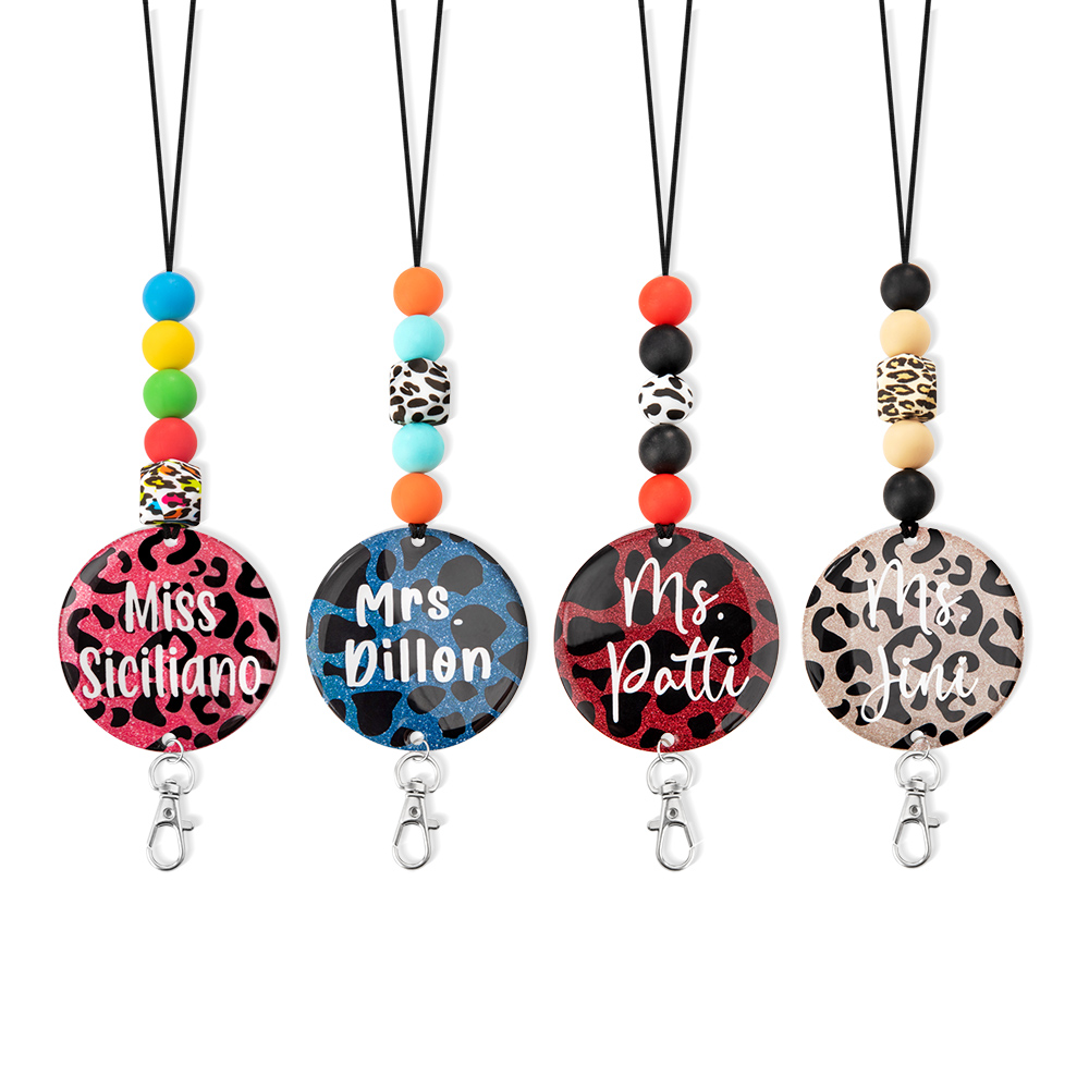 Custom Cheetah Print Glitter Lanyard with Keychain, Glitter Name Charm Beaded Lanyard for Id Badges /Keys, Gift for Teacher/Colleague/Animal Lover