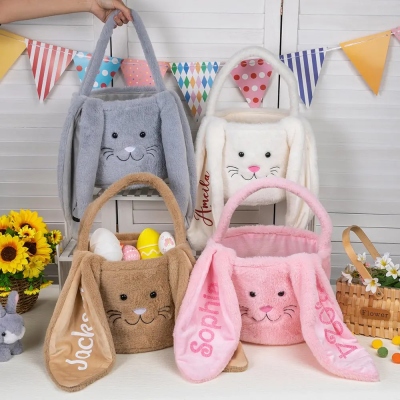Gepersonaliseerde naam Easter Bunny Basket, Custom Lop-Eared Bunny Tote Bag, Candy & Easter Egg Storage, Paascadeau voor familie/kinderen/dochter/nicht