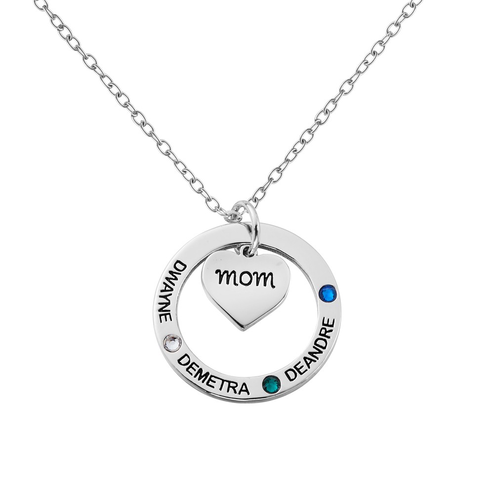 Birthstone Halsband med Hjärta &amp; Ringhänge, Halsband med Custom 1-7 Birthstones &amp; Namn, Smycken för mormor/mamma