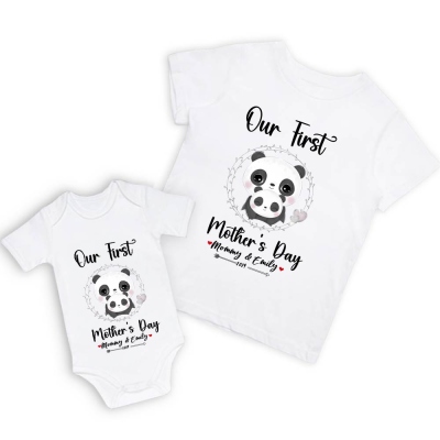 Onze eerste Moederdag moeder en baby set/bijpassend shirt, mama en baby cadeau, Mama baby panda's, T-shirt bodysuit romper babygrow vest set, nieuwe moeder cadeau, Moederdag cadeau