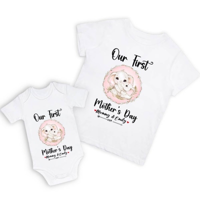 Unser erstes Muttertags-Mutter- und Baby-Set/passendes Hemd, Mama- und Baby-Geschenk, Mama-Baby-Elefanten, T-Shirt-Body, Strampler, Babygrow-Weste-Set, Geschenk für neue Mutter, Muttertagsgeschenk