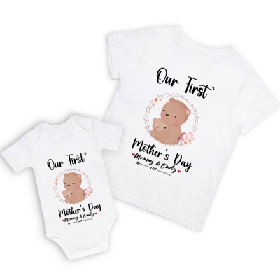 Unser erstes Muttertags-Mutter- und Baby-Set/passendes Hemd, Mama- und Baby-Geschenk, Mama-Baby-Bären, T-Shirt-Body, Strampler, Babygrow-Weste-Set, Geschenk für neue Mutter, Muttertagsgeschenk