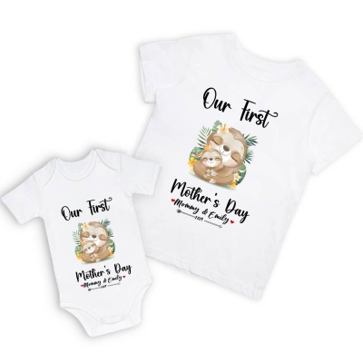 Unser erstes Muttertags-Mutter- und Baby-Set/passendes Hemd, Geschenk für Mama und Baby, Mama-Baby-Faultier, T-Shirt-Body, Strampler, Babygrow-Weste-Set, Geschenk für neue Mutter, Muttertagsgeschenk