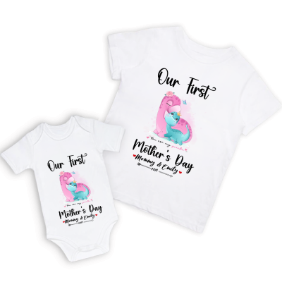 Vårt första mors dag mamma- och bebisset/matchande skjorta, mamma- och bebispresent, mamma babydinosaurier, t-shirt Bodysuit Romper Babygrow-västset, ny mammapresent, mors dagpresent