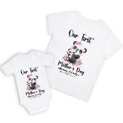 Vårt första mors dag mamma och bebis set/matchande skjorta, mamma och bebis present, mamma bebis pandor, t-shirt Bodysuit Romper Babygrow väst set, ny mamma present, mors dag present