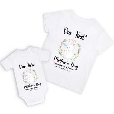 Vårt första mors dag mamma- och bebisset/matchande skjorta, mamma- och bebispresent, mamma bebiskaniner, t-shirt Bodysuit Romper Babygrow-västset, ny mammapresent, morsdagspresent
