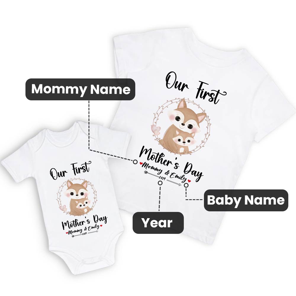 Onze eerste Moederdag moeder en baby set/matching shirt, mama en baby cadeau, Mama baby vossen, T-shirt bodysuit romper babygrow vest set, nieuwe moeder cadeau, Moederdag cadeau