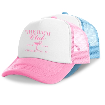 Customized Last Toast On The Coast Bachelorette Club Hats, Bach Club Party Hats, Beach Bachelorette Trucker Hats