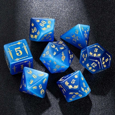 Deep-Sea Blue Cat Eye Skull Style Custom DND Dice Set, Skull Blue Cat Eyes Dice, Skull Dice, Blue Dice, Natural Stone Dice, Deep Sea Dice, DND Gifts