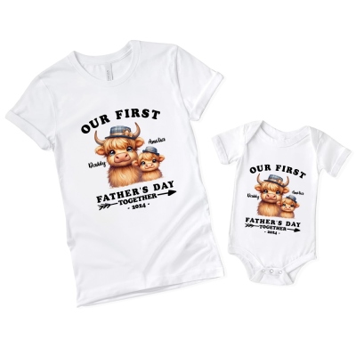 Custom Our First Father's Day Parent-Child Clothing Matching Shirts, Highland Cow Cotton Daddy T-Shirt & Baby Bodysuit Set, Gift for New Dad/Newborn