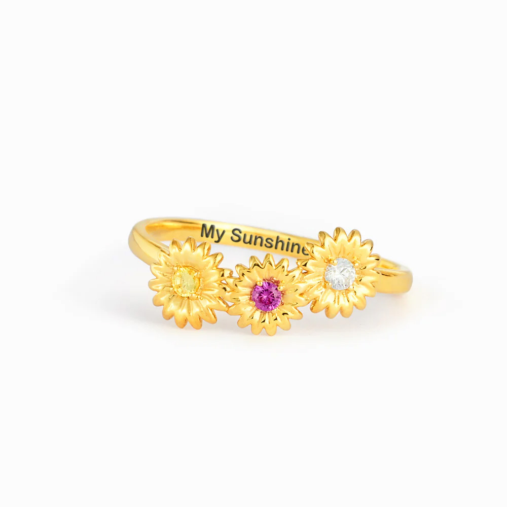 Personalized Sunflower Birthstone Engraved Ring, Customized Multiple ...