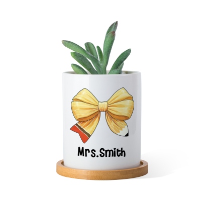 Personalized Coquette Bow Teacher Plant Pot, Pencil Bow Knot Ceramic Pot with Wooden Tray, Back to School/Teacher's Day/Appreciation Gift for Teachers