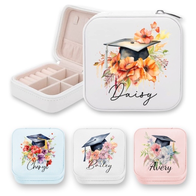 Personalized Name Graduation Cap Flower Leather Jewelry Case, Bouquet of Flowers Travel Jewelry Box, Graduation Gift for Her/Family/Friends/Classmates
