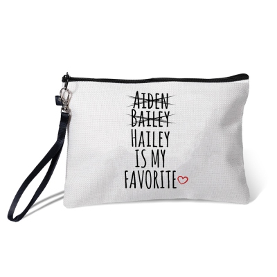 Personalized My Favorite Child Makeup Bag with Name, Minimalist Flax Travel Cosmetic Bag with Wrist Strap, Birthday/Mother's Day Gift for Mom/Grandma