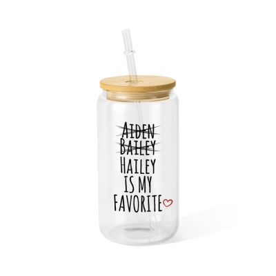 Personalized Name My Favorite Child Glass Cup, 12/16/20oz Tumbler with Straw & Bamboo Lid, Birthday/Mother's Day/Father's Day Gift for Mom/Dad/Elders