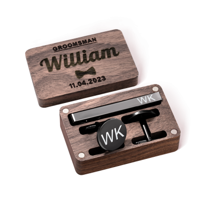 Personalized Engraved Monogram Tie Clip and Cufflink Set with Wooden Box, Groomsmen Cufflinks, Wedding Birthday Gift for Men Groomsmen