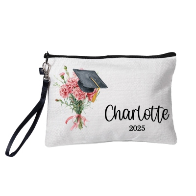Custom Name Graduation Hat Birth Flower Cosmetic Bag, Bachelor Cap Floral Linen Makeup Pouch with Wrist Strap, Graduation Gift for Her/Family/Friends