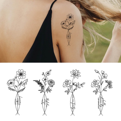 Personalized 3 Names & Birth Flowers Bouquet Tattoo Art, Minimalism Line Flower Tattoo Design, Birthday/Anniversary Gift for Family/Couple/Sister