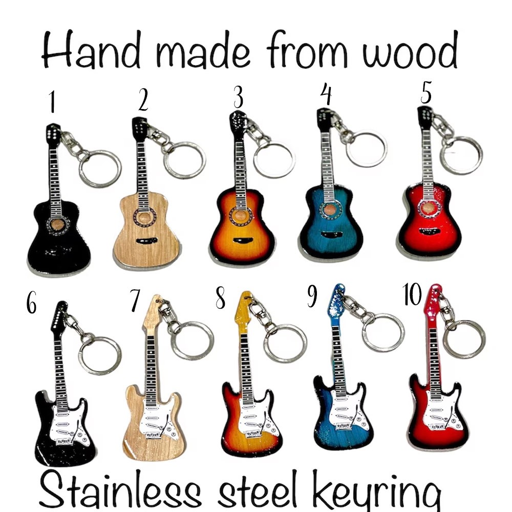 Personalized Name Handmade Mini Acoustic & Electric Guitar Keyring, Wooden Guitar Shape Keychain, Gift for Music Lover, Guitarist Gifts, Gift for Him/Her