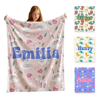 Personalized Name Kids Blanket, Flannel/Sherpa Animal Plant Prints Blanket, Soft Cozy Throw for Bed Couch, Birthday/Christmas Gift for Newborns/Kids