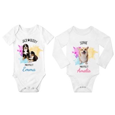 Tutina per neonato con nome personalizzato e foto dell'animale domestico, pagliaccetto con nome e immagine dell'animale domestico, body in cotone, baby shower/regalo di compleanno per neonato/neonato con famiglia pelosa