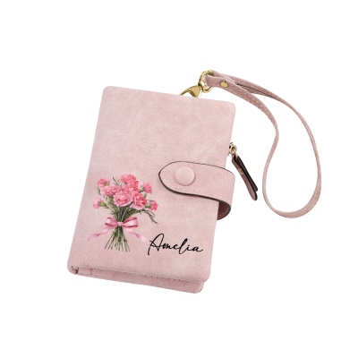 Portafoglio personalizzato con fiore di nascita, porta carte in pelle PU con cinturino da polso, regalo di compleanno/festa della mamma/matrimonio per lei/mamma/nonna/damigelle d'onore