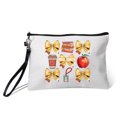 Custom Name Coquette Bow Apple Teacher's Cosmetic Bag, Linen Makeup Pouch with Zipper & Wrist Strap, Appreciation/Back to School Gift for Teachers