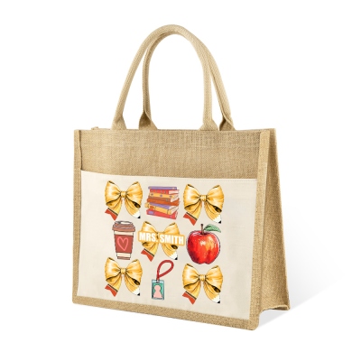 Anpassat namn Coquette Bow Apple Burlap Tote Bag, Stor kapacitet Blyerts Rosett Knot Design Teacher's Jute Bag, Back to School/Uppskattningspresent till lärare