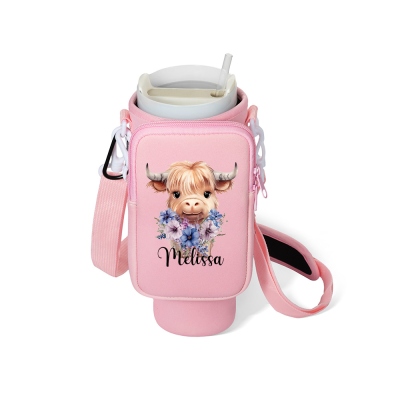 Custom Name Birth flower Highland Cow Water Bottle Carrier Bag with Adjustable Strap, Compatible with 40oz Tumbler, Gift for Women/Family