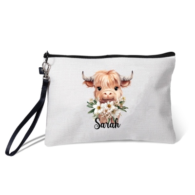 Personalized Name Birth Flower Highland Cow Cosmetic Bag, Linen Makeup Pouch with Zipper & Wrist Strap, Gift for Women/Girls/Highland Cow Lovers