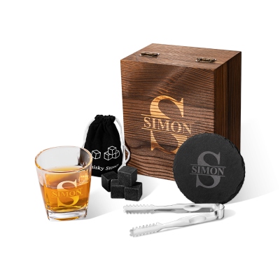 Personalized Engraved Monogram Whiskey Glass Set with Whiskey Stones and Wood Box, Alcohol Gift, Birthday Wedding Gift for Dad/Groomsmen/Whiskey Lover