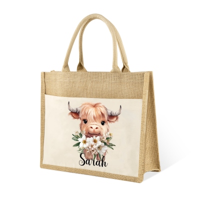 Sac fourre-tout personnalisé avec nom de naissance, fleur de vache des Highlands, sac en jute de grande capacité, cadeau d'anniversaire/Noël/fête des mères pour elle/maman/amoureux des vaches des Highlands