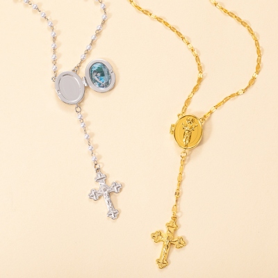 Collana con rosario con ciondolo a forma di croce con medaglione fotografico personalizzato, gioielli religiosi, ricordo del lutto, regalo religioso di battesimo, regalo commemorativo per le donne