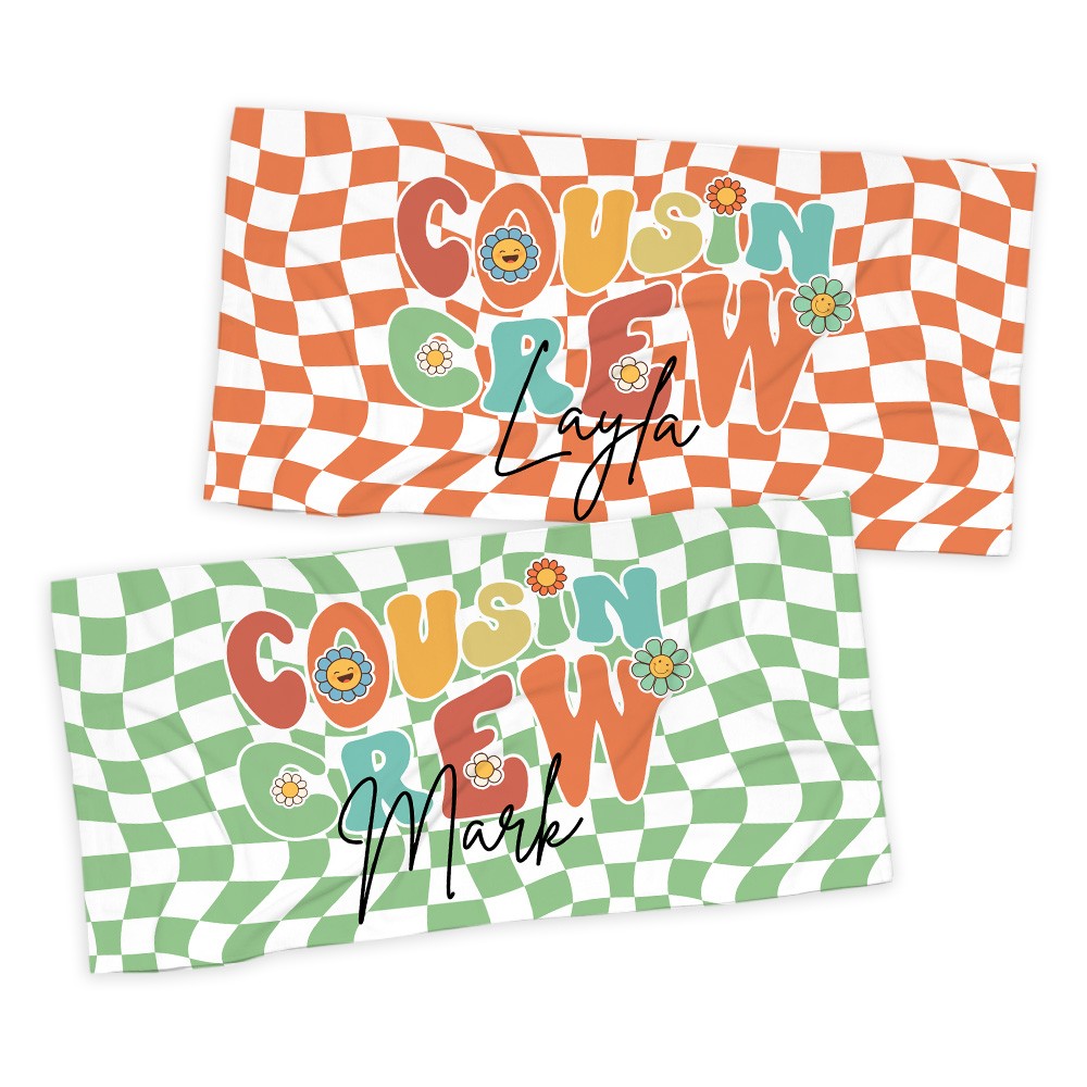 Personalized Name Cousin Crew Colorful Plaid Beach Towel, Perfect for Family Outings