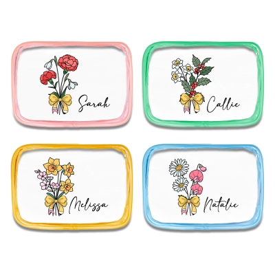 Personalized Name Birth Flower Pencil Bow Clear Makeup Bag, PVC Travel Cosmetic Bag with Zipper, Appreciation/Back to School Gift for Teachers